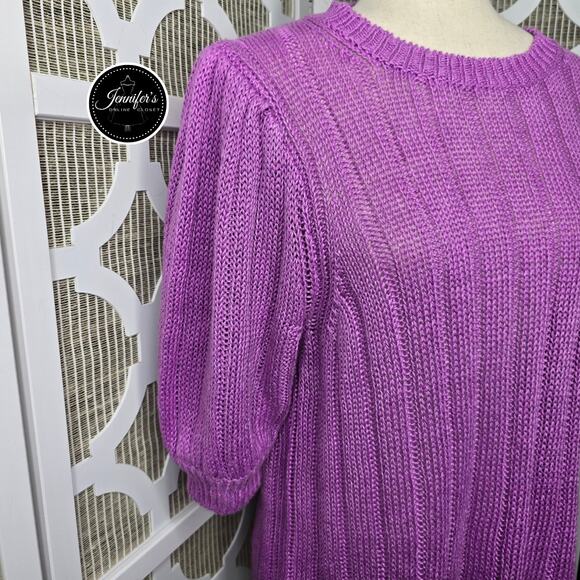 J. Crew NWT Purple Linen Ribbed Knit Short Puff Sleeve Sweater Size Large - Picture 7 of 11